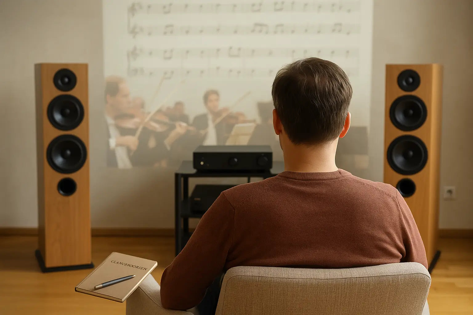 Man sitzt in einem hellen Sessel und genießt Musik auf einer hochwertigen Hifi Anlage