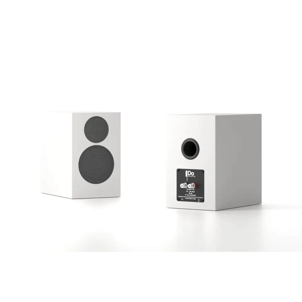 Hochwertige weiße Standlautsprecher mit dunklen Treibern für beste Hifi-Performance