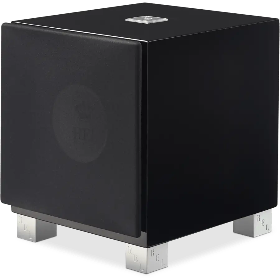 Glossy schwarzer Aktivsubwoofer REL T7i mit passivem Radiator, 305x362x382mm, bestens für Heimkino geeignet
