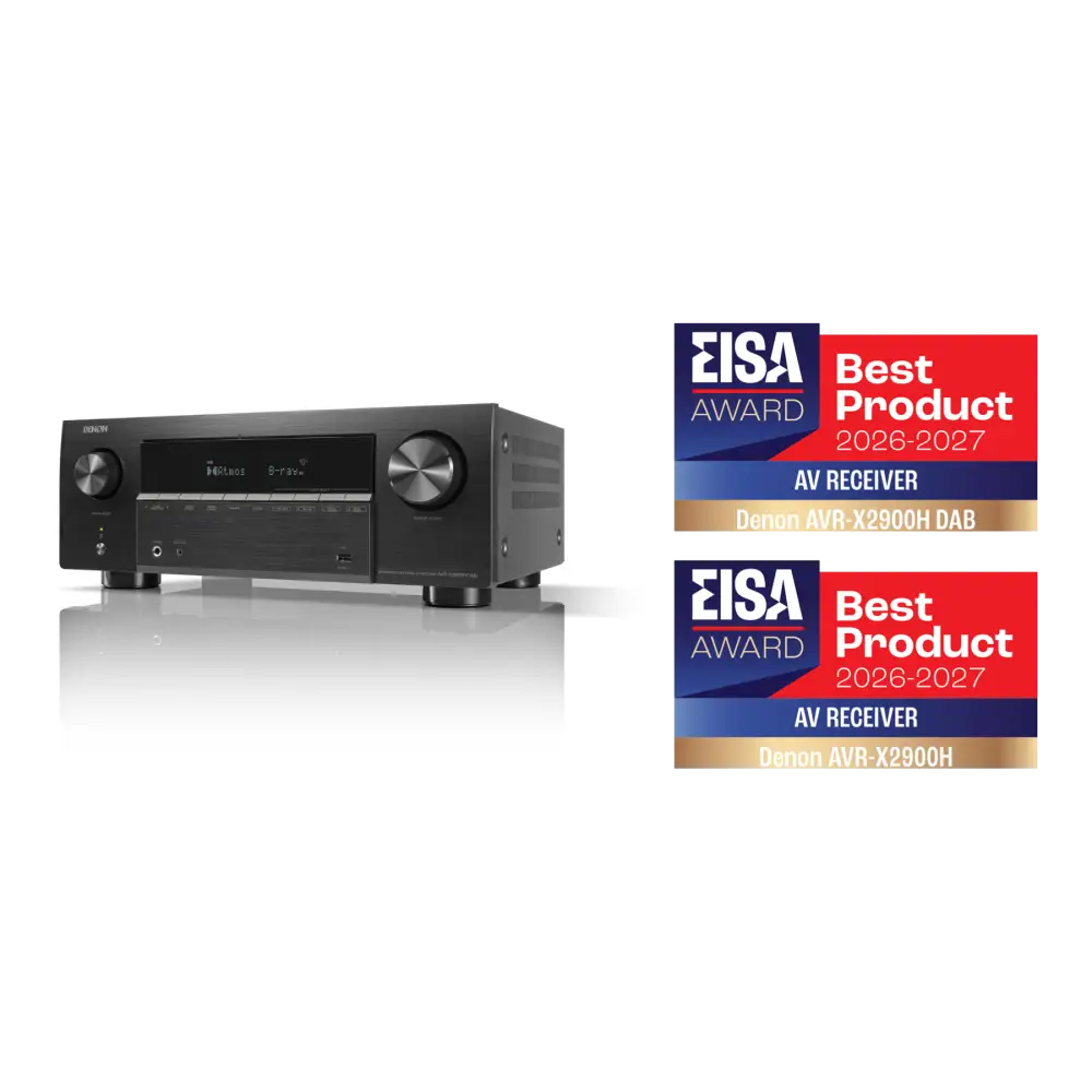 Schwarzer denon avr-x2900h dab av-receiver mit silbernen drehreglern und dolby atmos für 7.2-kanal audio