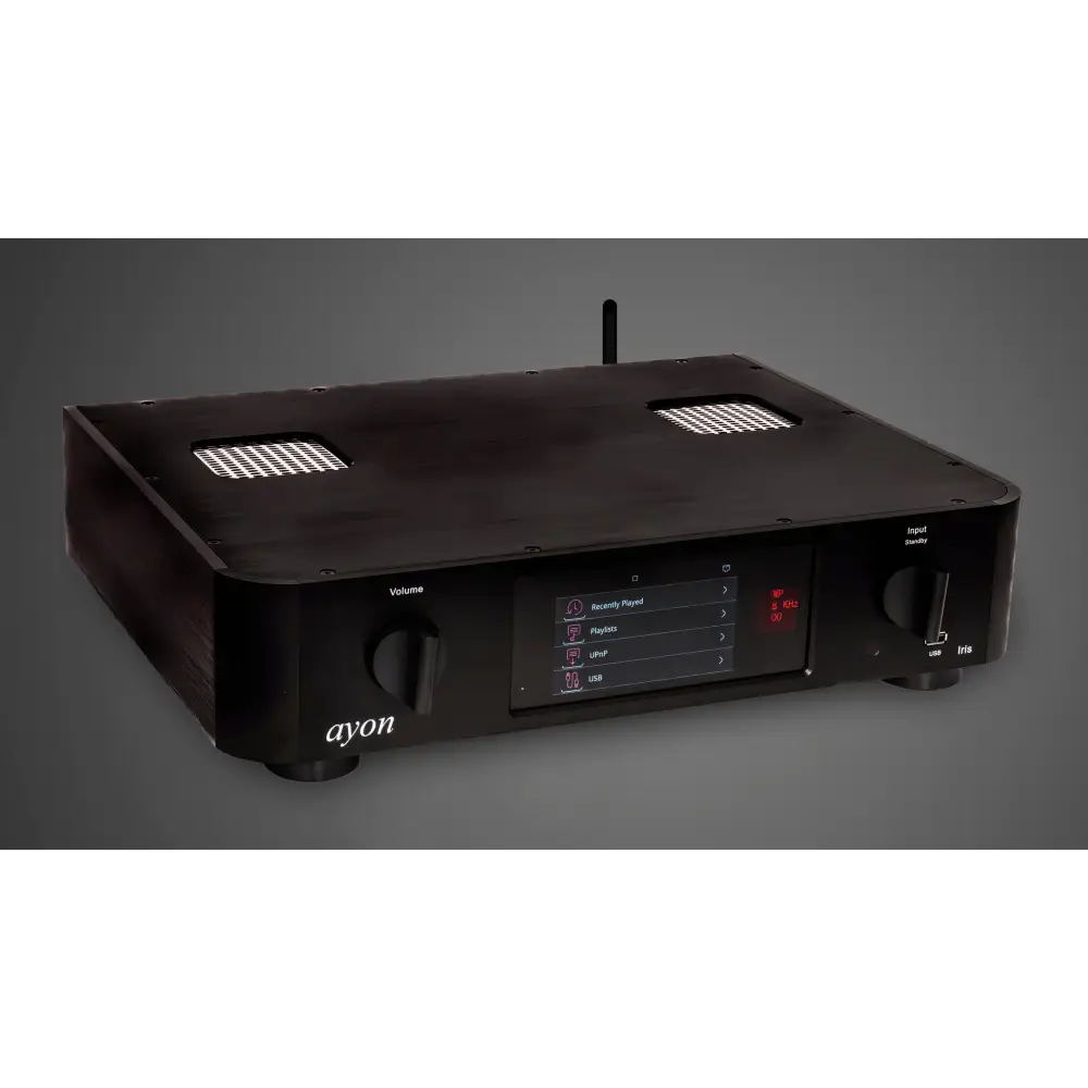 Schwarzer ayon iris signature röhren-netzwerkplayer mit preamp, rechteckigem design, belüftungsgittern und beleuchtetem touchscreen