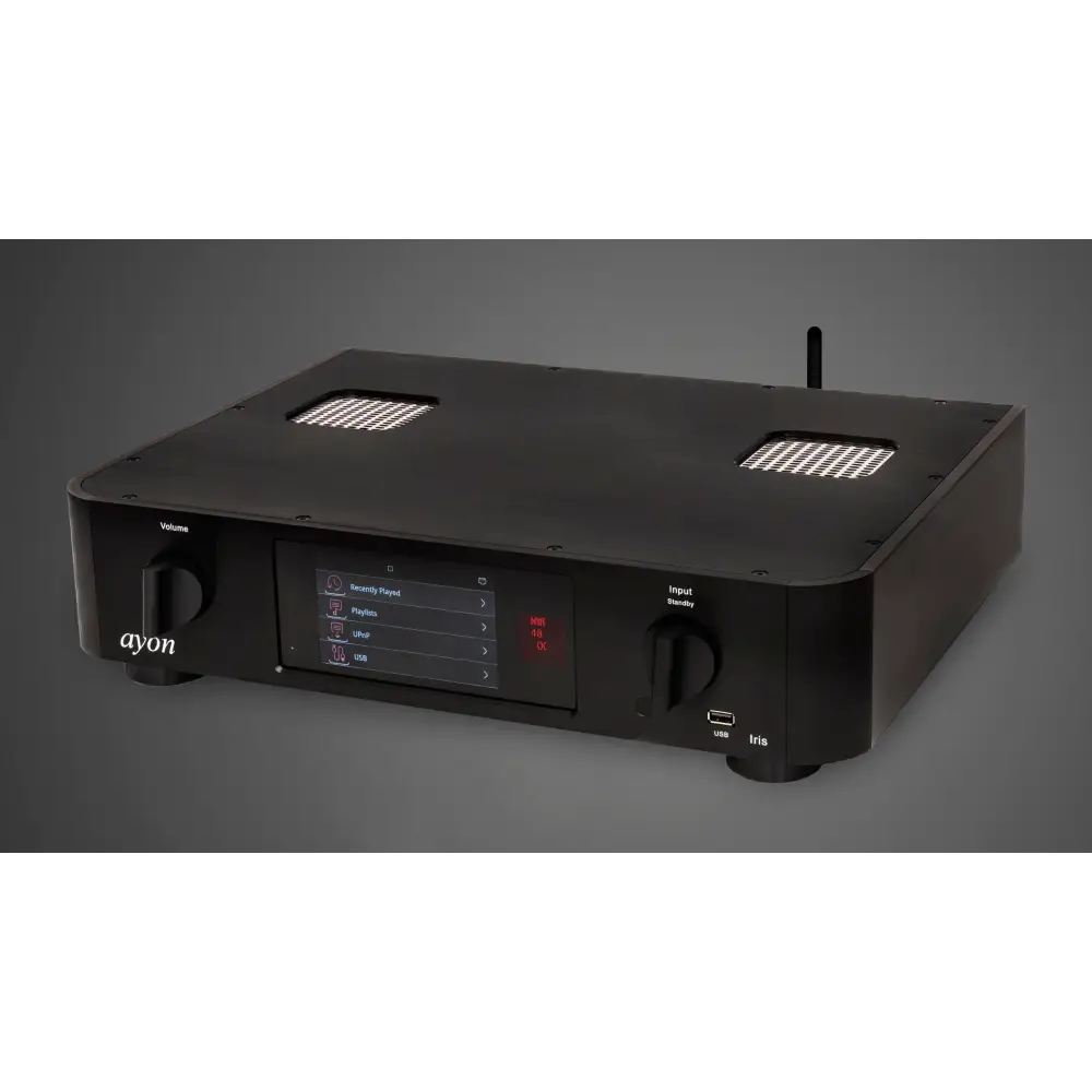 Schwarzer ayon iris signature röhren-netzwerkplayer mit preamp gestaltet als rechteckiger audio receiver mit belüftungsgittern und drehknöpfen