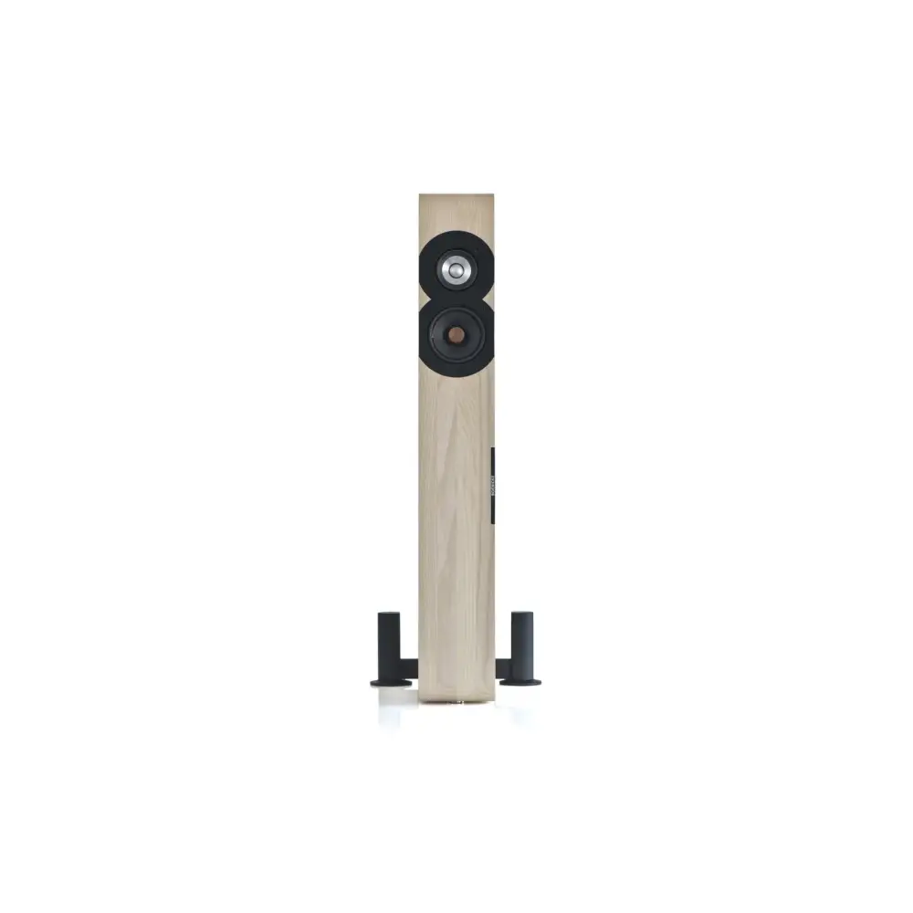 Licht Holzmaserung Standlautsprecher mit zwei Treibern und schwarzen Outrigger-Füßen, ideal für Passfilter und Hochpassfilter Anwendungen