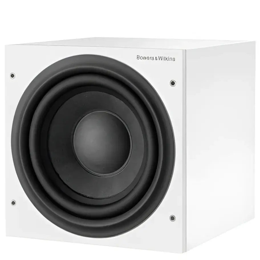 Weiße rechteckige Subwoofer mit großem schwarzen Lautsprecher für exzellente Tieftonwiedergabe unerlässlich