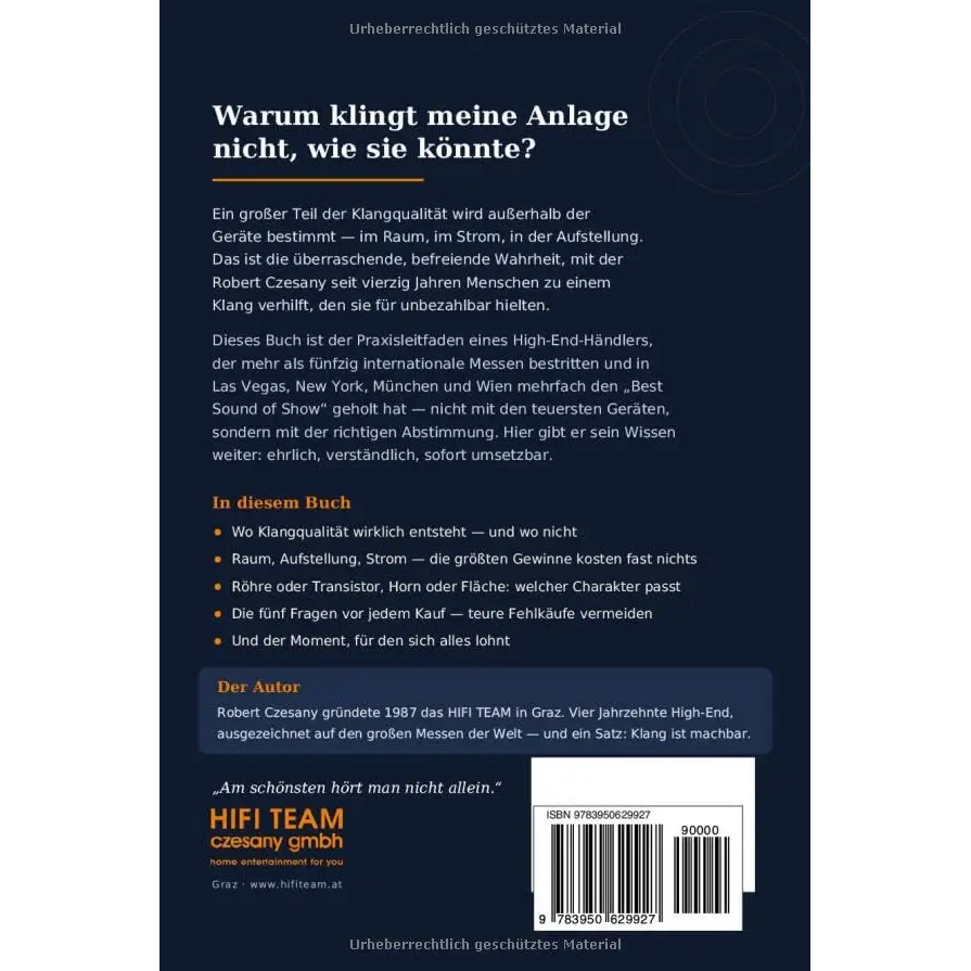 Dunkelblaues buchcover mit weißem text warum klingt meine anlage nicht wie sie könnte veröffentlicht von hifi team czesany gmbh mit fokus auf sechzig prozent klangs entscheiden und befreiende wahrheit