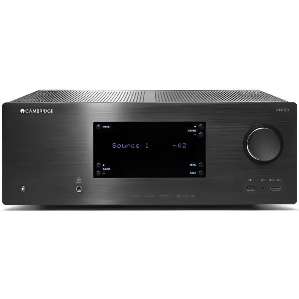 Cambridge Audio CXR120 AV-Receiver mit schwarzem gebürstetem Metall, zentralem Display
