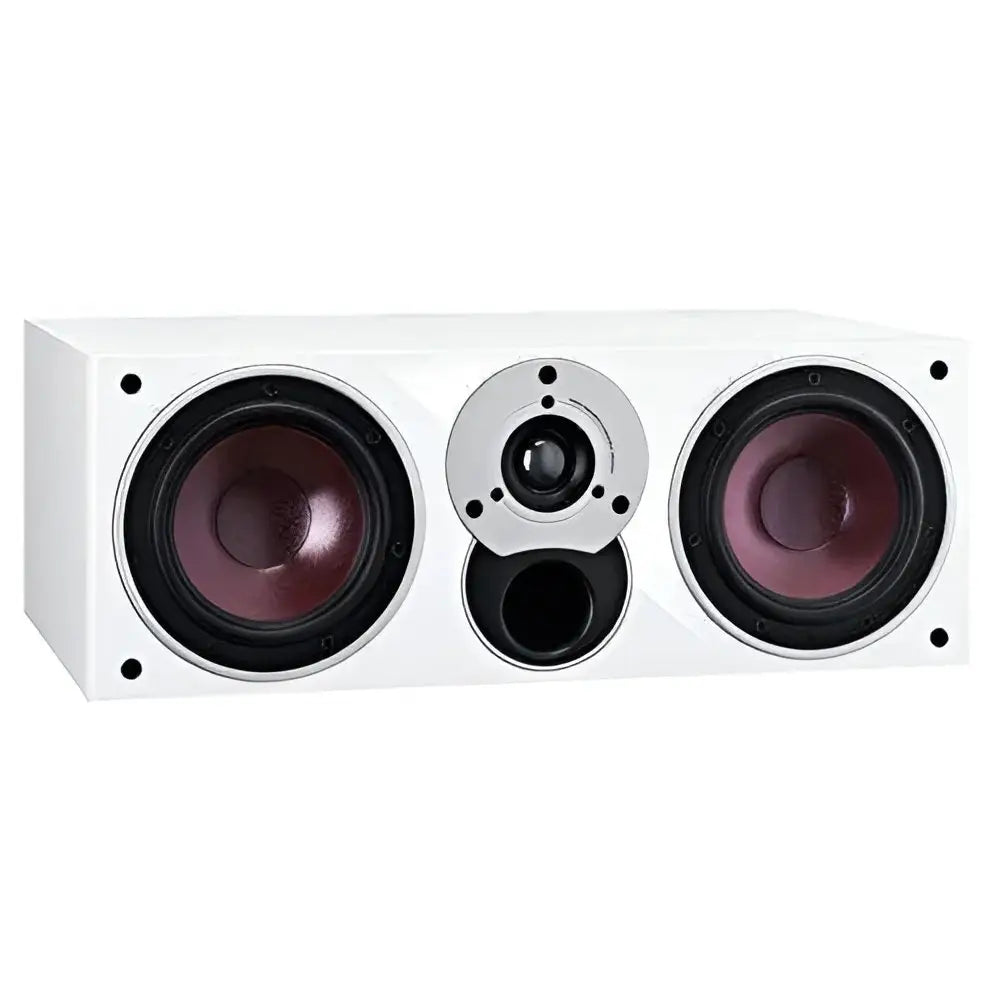 Dali Oberon Vokal Centerlautsprecher mit weißem Zentrum, zwei roten Tieftönern und Tweeter