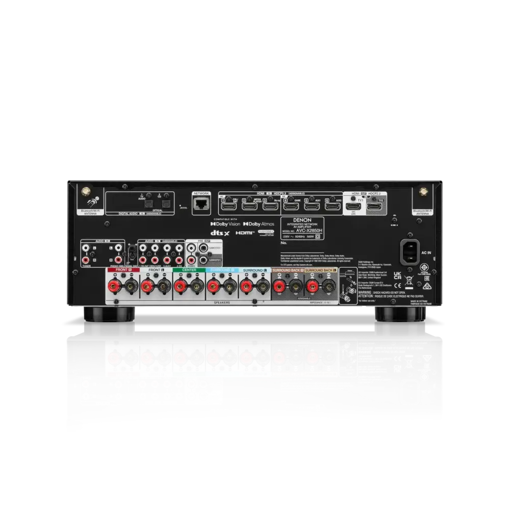 Rückansicht des Denon AVC-X2850H mit zahlreichen Eingangs- und Ausgangsports, ideal für Dolby Atmos