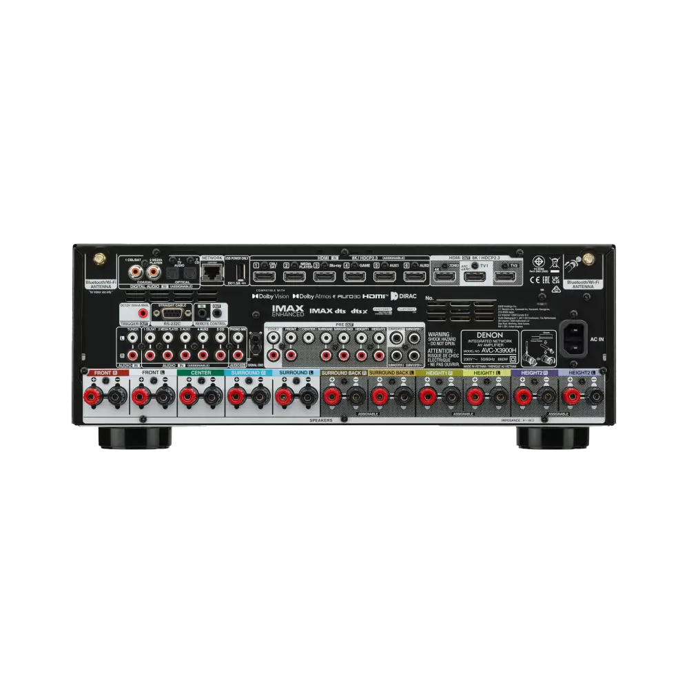 Rückseite des schwarzen denon avc-x3900h av-verstärkers mit dolby atmos und zahlreichen anschlüssen