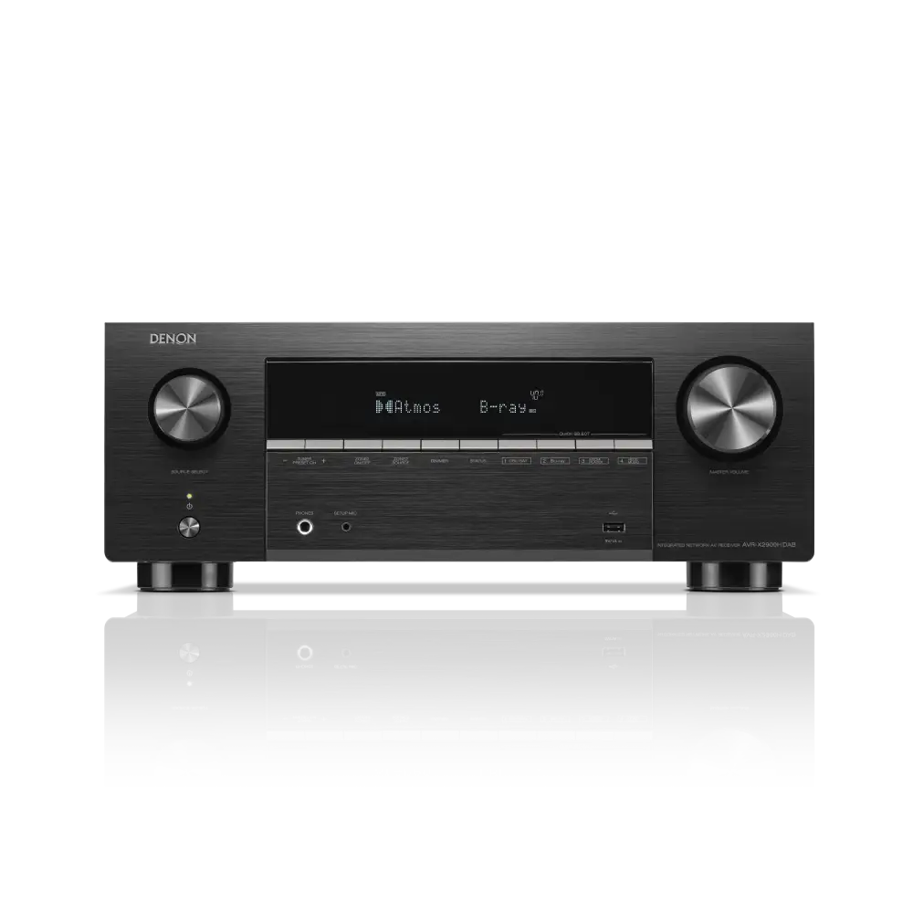 Schwarzer Denon avr-x2900h dab 7.2-kanal AV-Receiver mit dolby atmos, digitalem display und gebürsteten metalldrehreglern