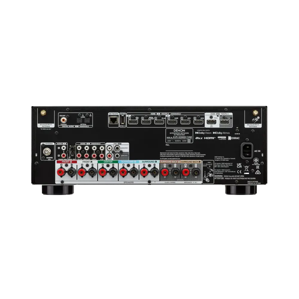 Rückseite des schwarzen denon avr-x2900h dab 7.2-kanal 4k 8k av-receivers mit dolby atmos und vielfältigen anschlüssen
