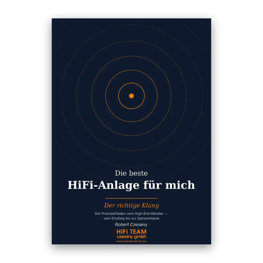Dunkelblaues e-book cover mit konzentrischen orangen kreisen und weißem text zu bester klang hifi-anlage