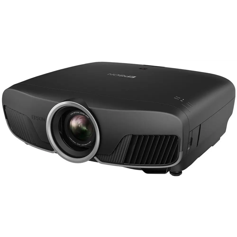 Schwarzer Heimkino-Projektor mit prominentem Objektiv, bitte anfragen für besten Klang