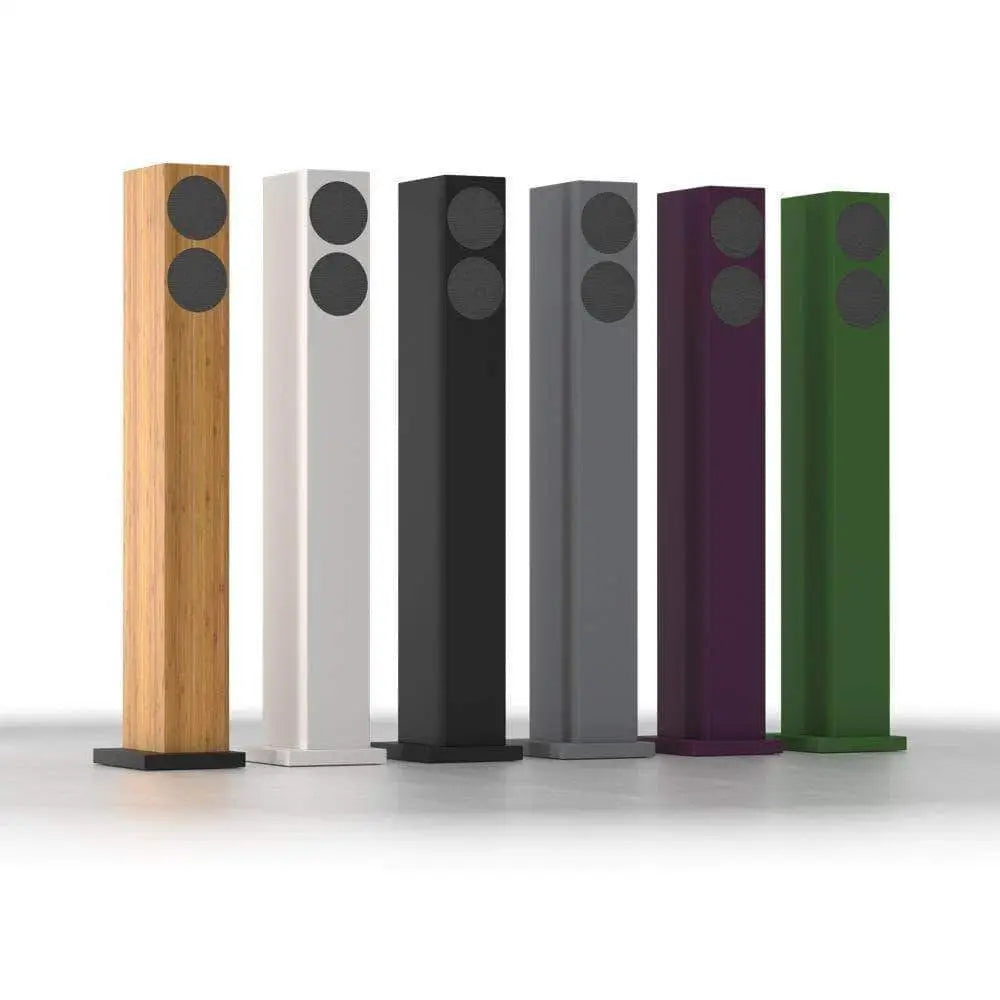 Set aus sechs farbigen, schmalen DoAcoustics Armoniamundi Paar Lautsprechern mit zwei Rundgitter, hervorragend klingende Lautsprecher, Design vereint