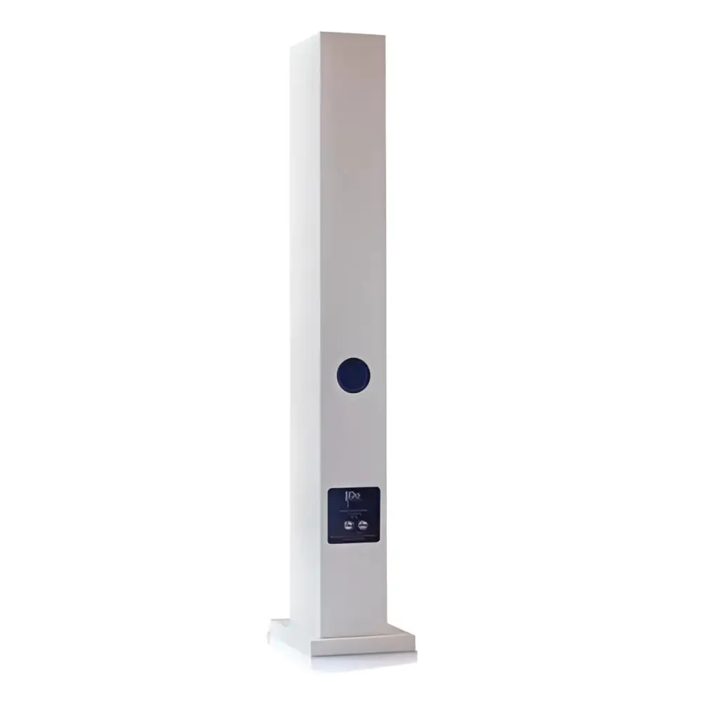 Weiße, rechteckige Standluftreiniger mit dunklem Ventil und Steuerung, harmoniert mit Armonia Mundi Impact
