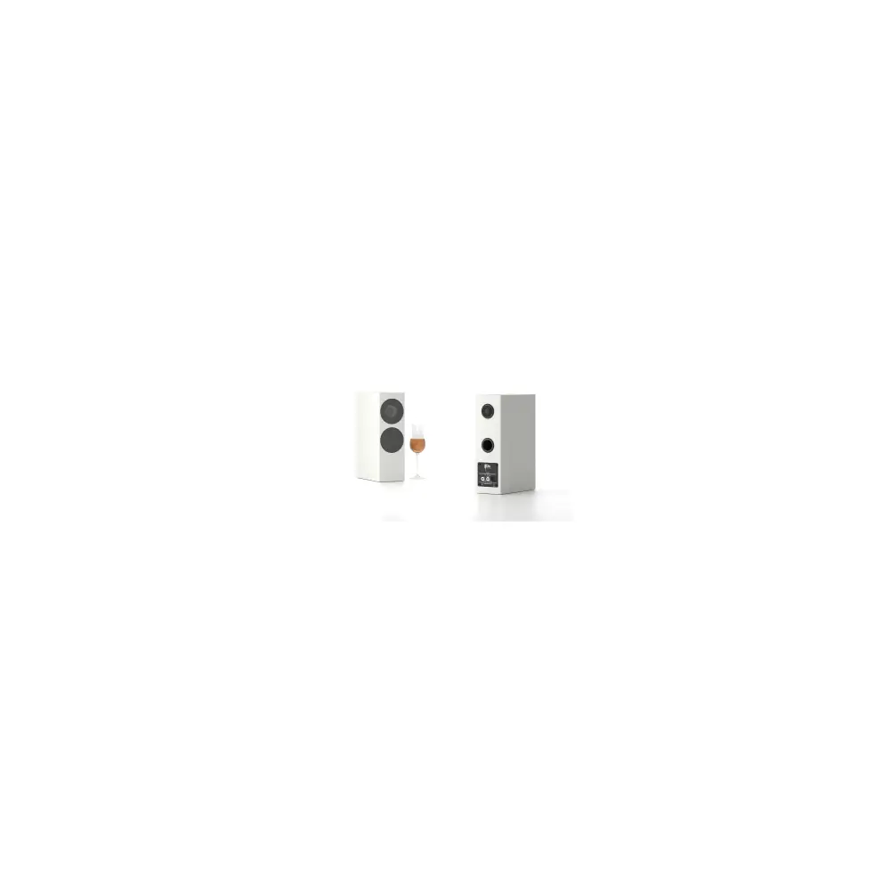 Weiße standlautsprecher mit schwarzen rundtreibern und minimalistischem design von doacoustics macrocosmo reference impact