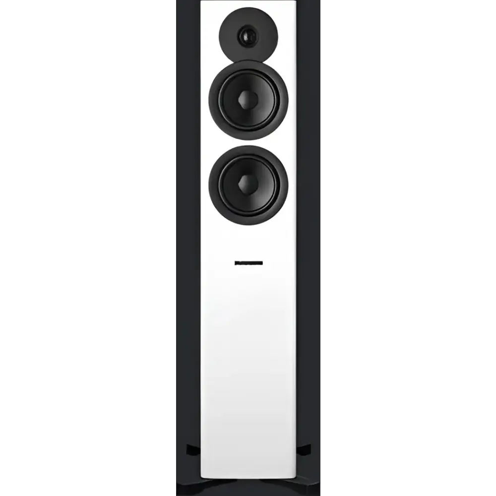 Weiße hochwertige Standlautsprecher mit drei schwarzen Treibern und Frontport für Dynaudio Evoke 30 Paar