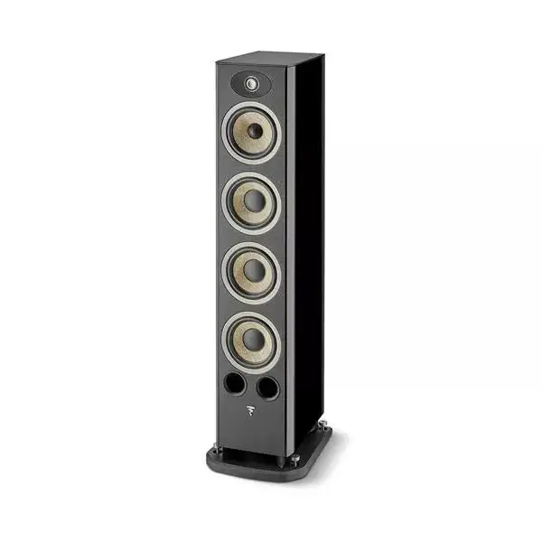 Schwarzer focal aria evo evo x n°3 standlautsprecher mit vier woofern und einem tweeter in matter oberfläche