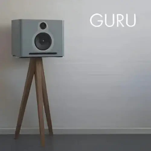 Leichte graue Lautsprecher auf Holztripod mit passgenauer Aluminiumplattform im Guru Standpoint Ständer Paar