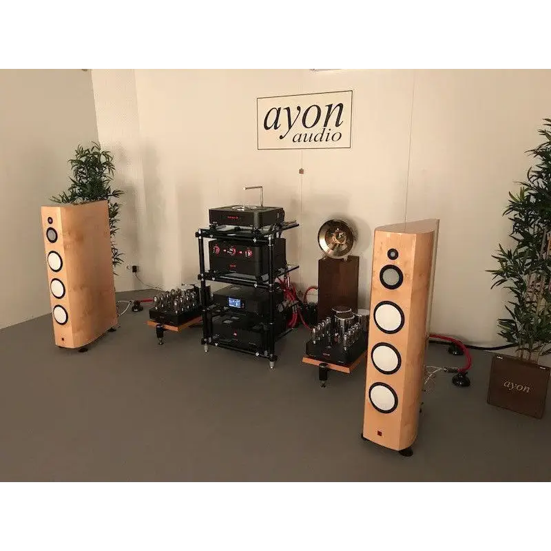 Hochwertiges Audiosystem mit hellen Holzfußbodenlautsprechern und schwarzen Rack-Komponenten, tollen photos verschiedener kundenanlagen