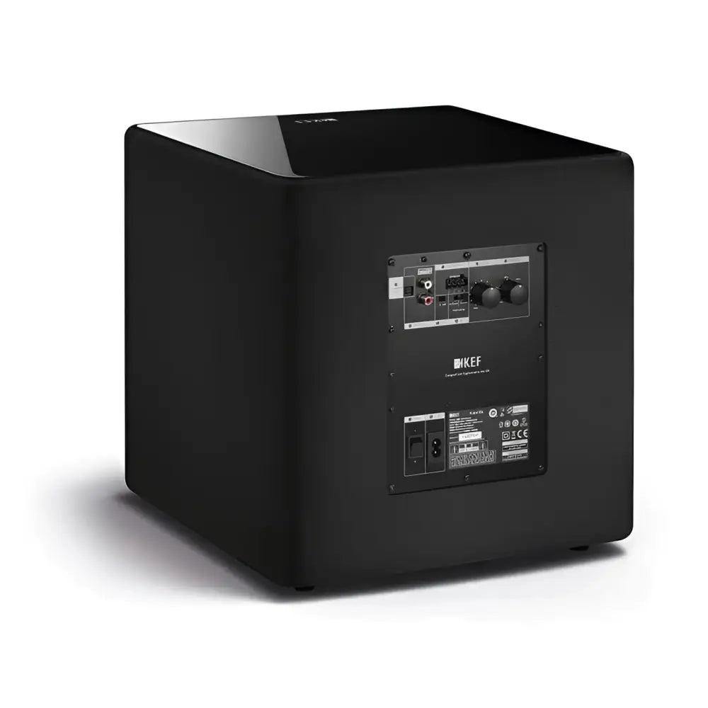 Schwarzer KEF Kube8b Subwoofer mit Rear Control Panel, ideal für kompakte Größe und besten Klang