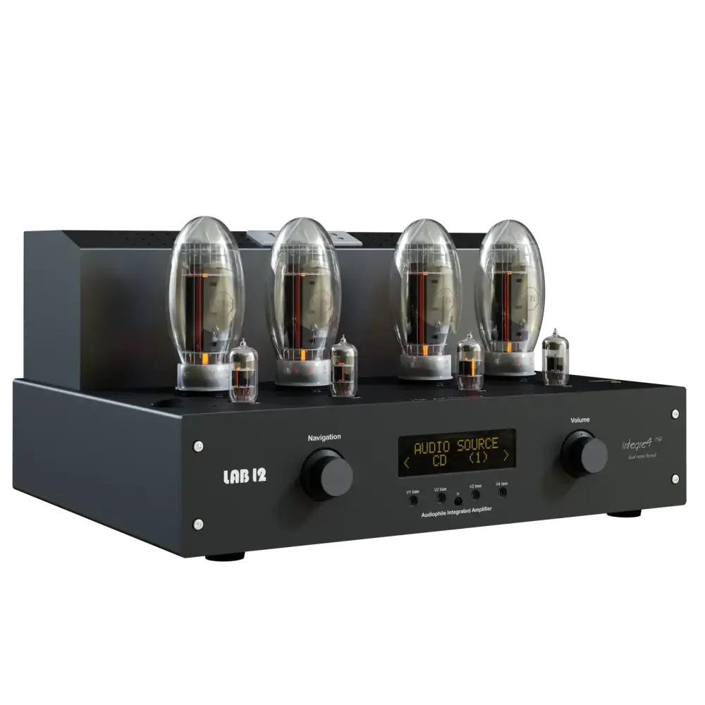 Schwarzer Hochfidelity-Röhrenverstärker mit Display und mehreren Vakuumröhren, LAB12 Integre4 MK2 Toroid