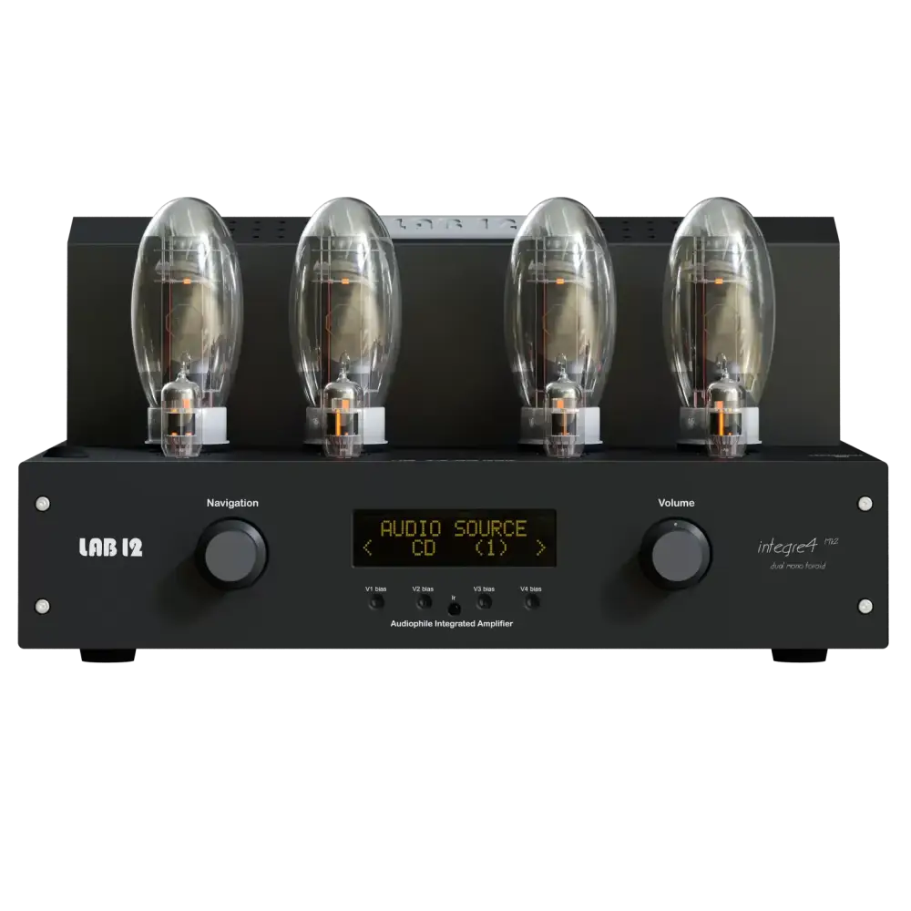 Schwarzer LAB12 Integre4 MK2 Toroid Vollverstärker mit vier sichtbaren Vakuumröhren