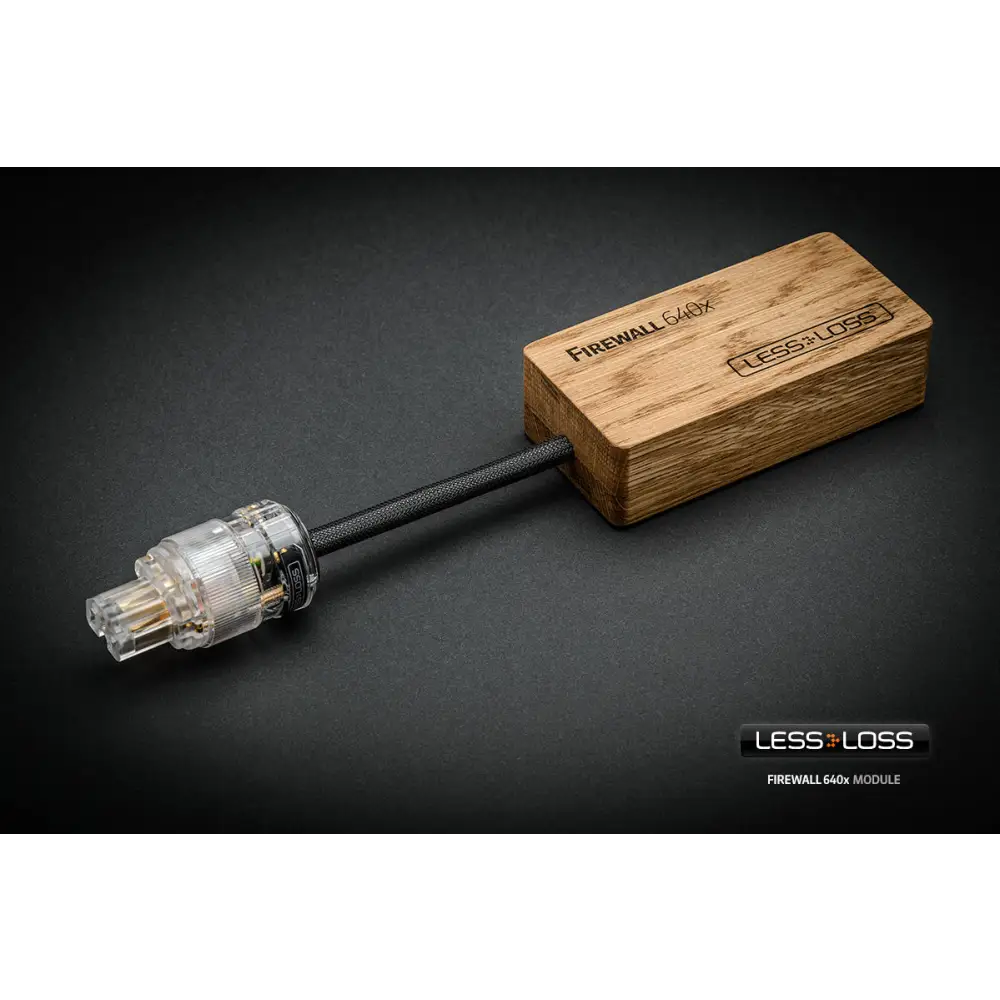 Wooden lessloss firewall 640x netzfilter with engraved branding connected via black braided cable for entropic process