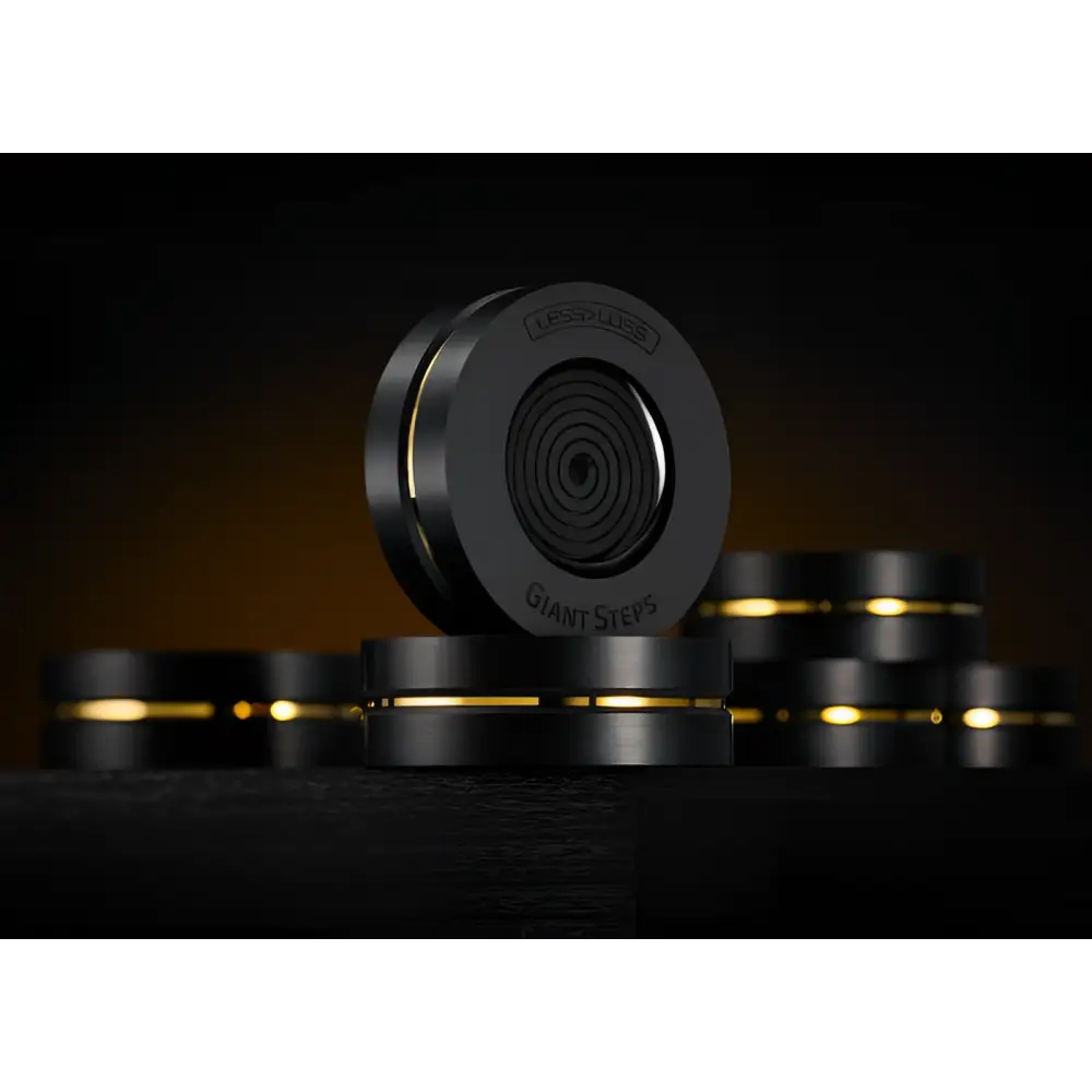 Schwarzer zylindrischer lessloss giant steps flosser mit goldenen akzentringen und eingraviertem branding hifiqualität