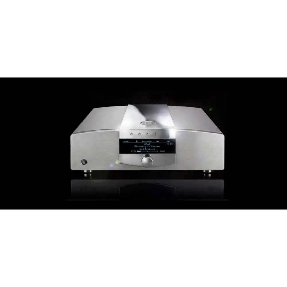 Silberner mbl c41 netzwerkplayer mit gebürstetem aluminiumfinish und minimalistischem design sowie zentralem displayschirm