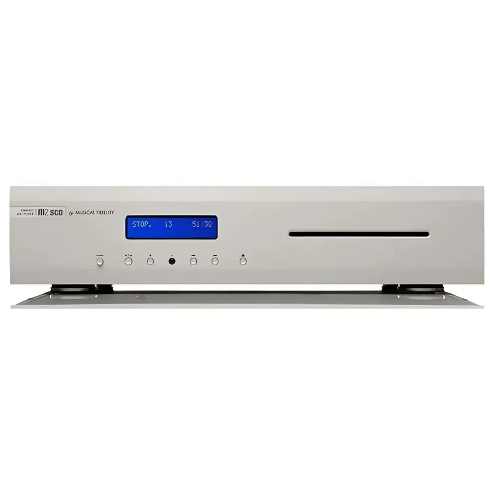 Silver CD-Player mit blauer Digitalanzeige und Slot-Lader, Musical Fidelity M2scd