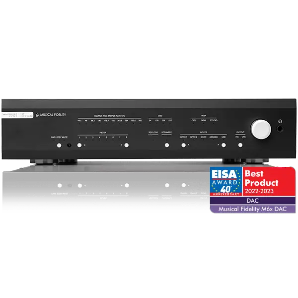 Schwarzer audio DAC mit weißem Lautstärkeregler, Musical Fidelity M6x DAC