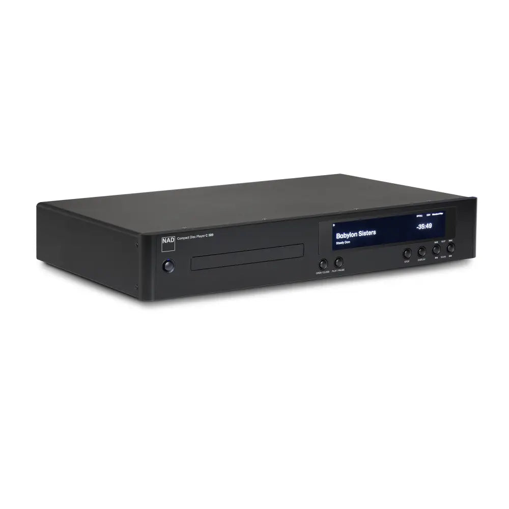 Schwarzer nad c 589 cd-player aus der classic series mit minimalistischem design und digitalem display mit ess es9039pro