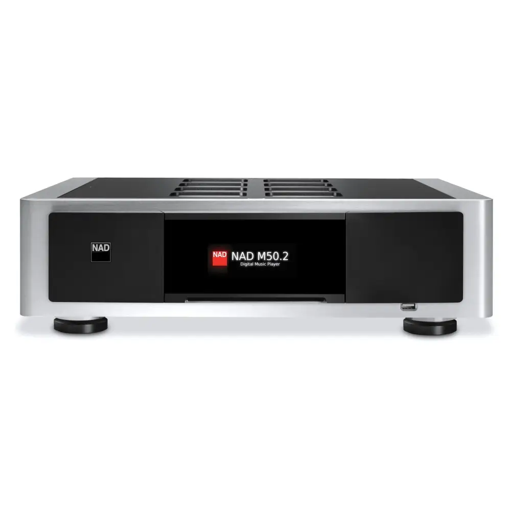 Silber und schwarzer digitaler Musikplayer NAD M 50.2 mit zentralem Display, Bluetooth aptx