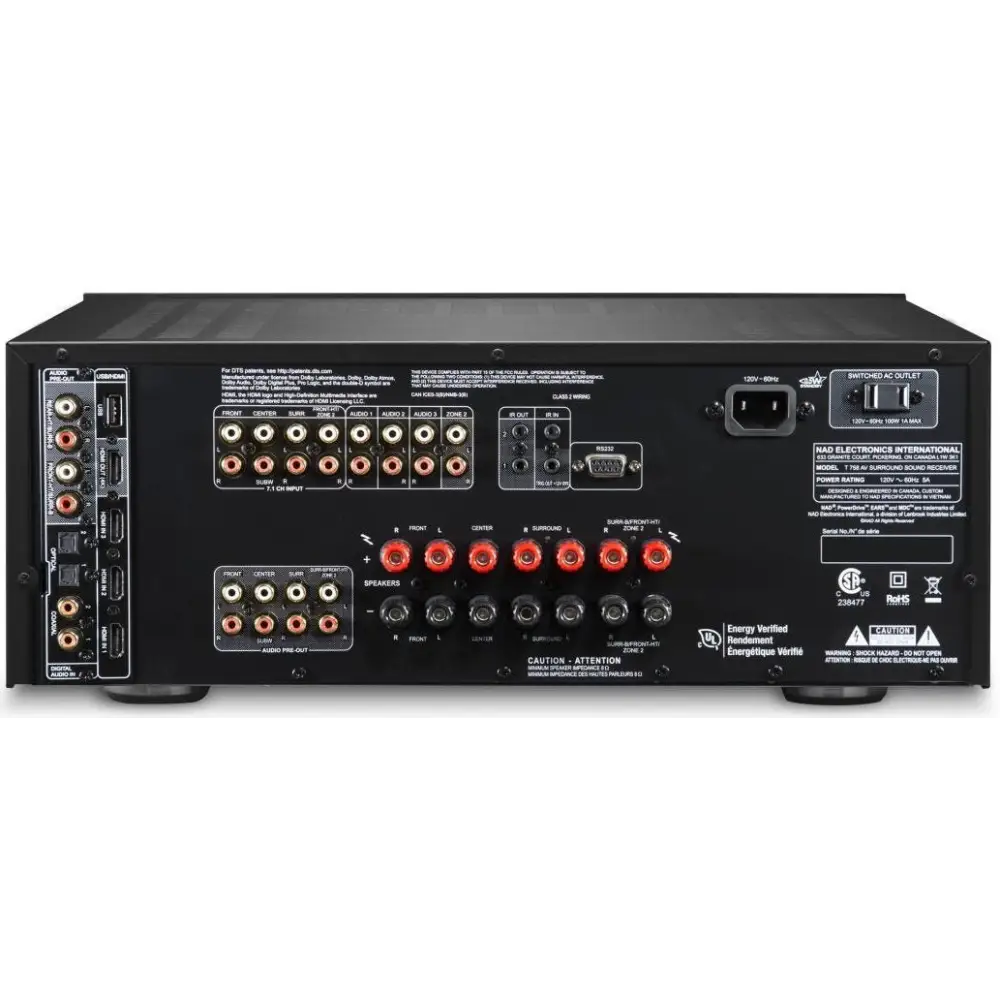 Rückseite des NAD T758V3i Surroundreceivers mit zahlreichen Anschlüssen und rated power