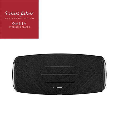 Schwarzer sonus faber omnia all in one highend wireless speaker mit texturierter oberfläche und abgerundeten kanten