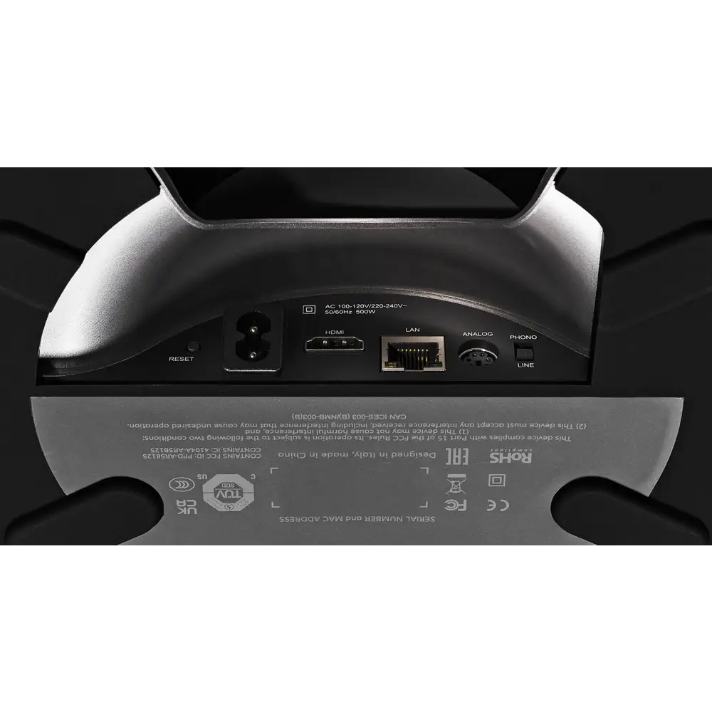Silberner metallischer omnai all in one highend wireless lautsprecher rückseite mit hdmi lan und analoganschlüssen für sonus faber app