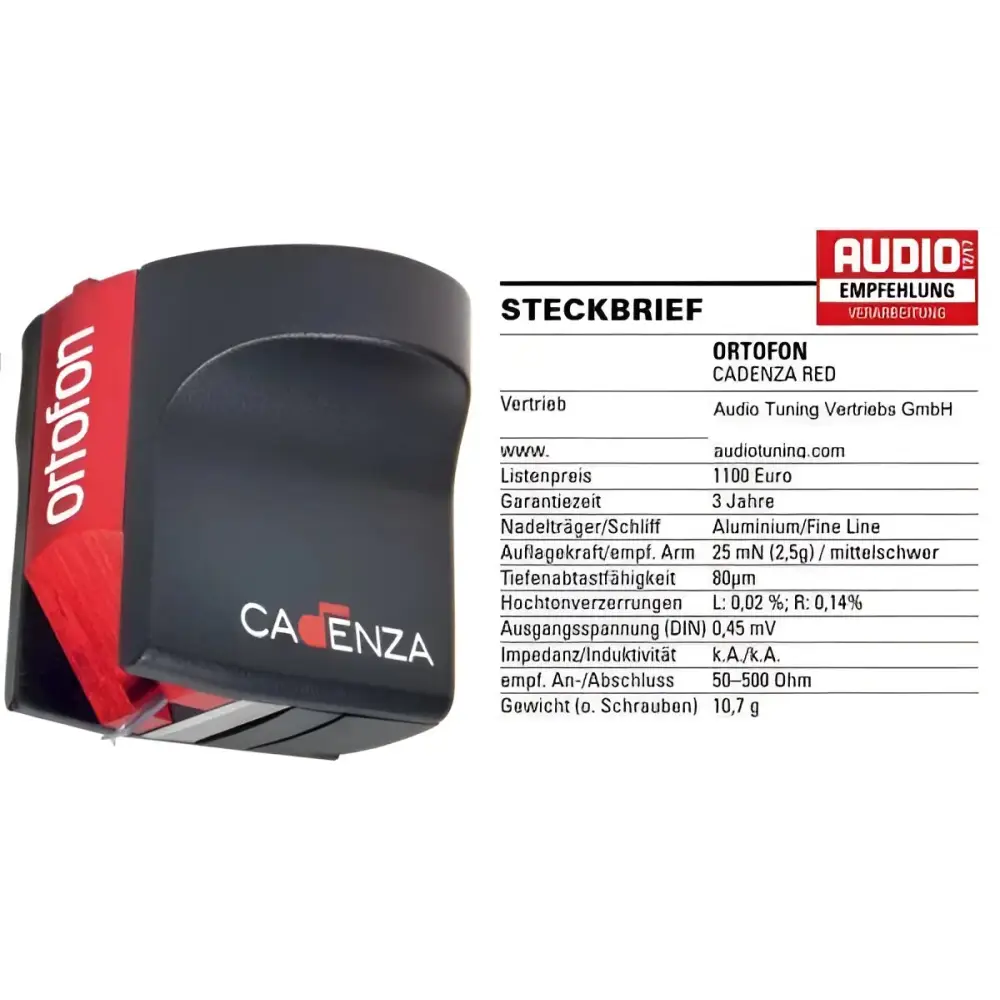 Red and black Ortofon Cadenza Red MC Tonabnehmer mit detaillierten Spezifikationen