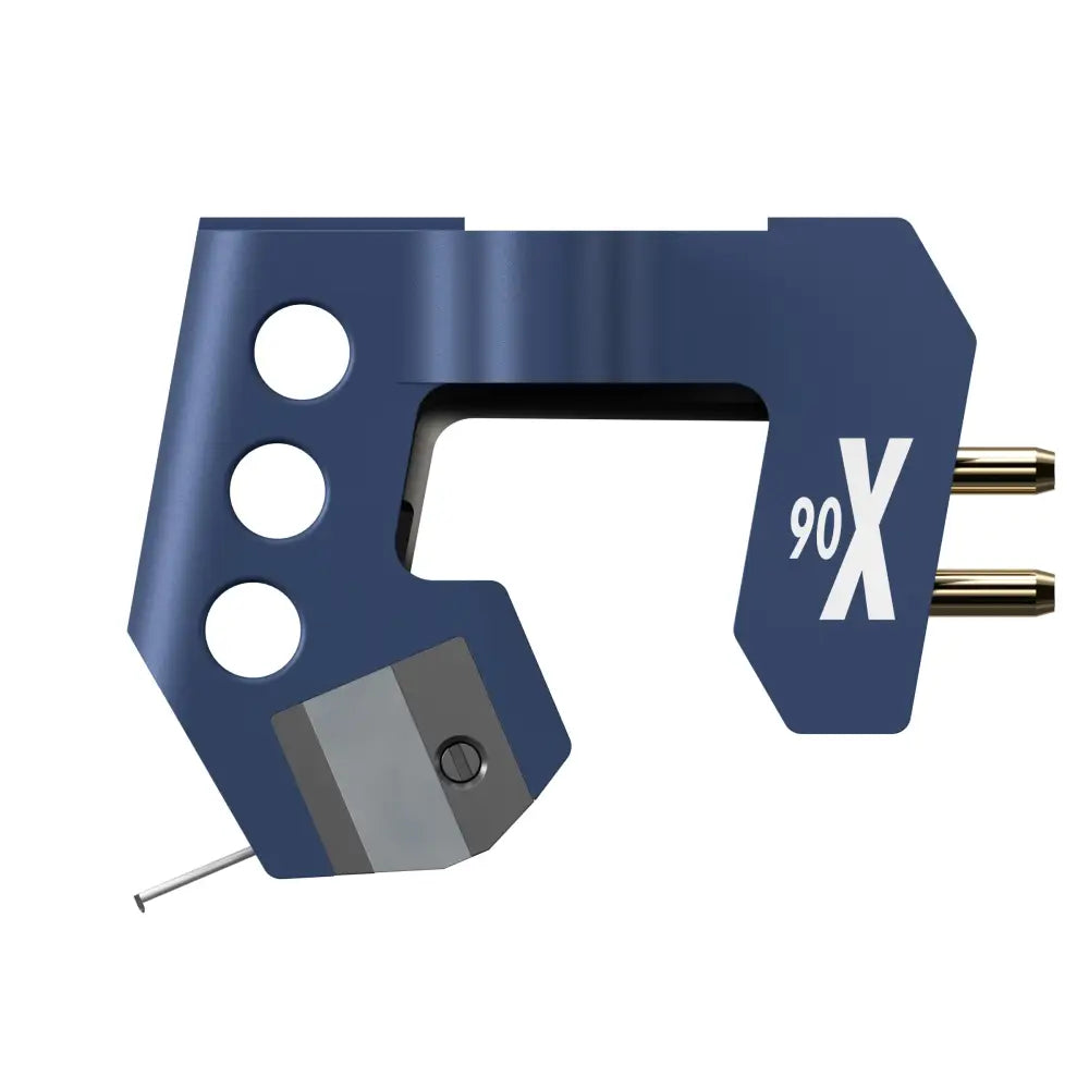 Blau metallisches ortofon mc 90x tonabnehmersystem mit drei runden ausschnitten und vergoldeten reinkupfer pins
