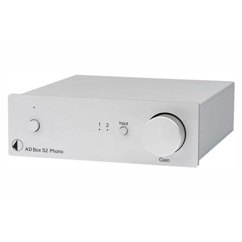 Silberner Pro-Ject A/D Box S2 Phono mit Volume Control, lineare RIAA Entzerrung, extrem geringe Verzerrungen