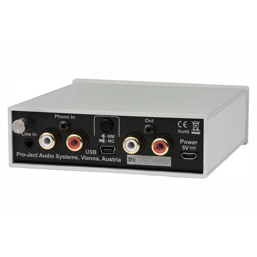 Silberne Pro-Ject A/D Box S2 Phono mit Eingangs- und Ausgangsports, lineare RIAA Entzerrung