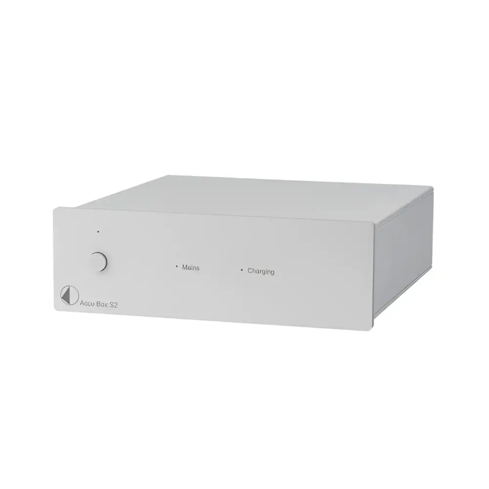 Pro-Ject Accu Box S2, ein weißes elektronisches Gerät mit Drehknopf und Kontrollleuchten, ideal als Pro-Ject Phono Box