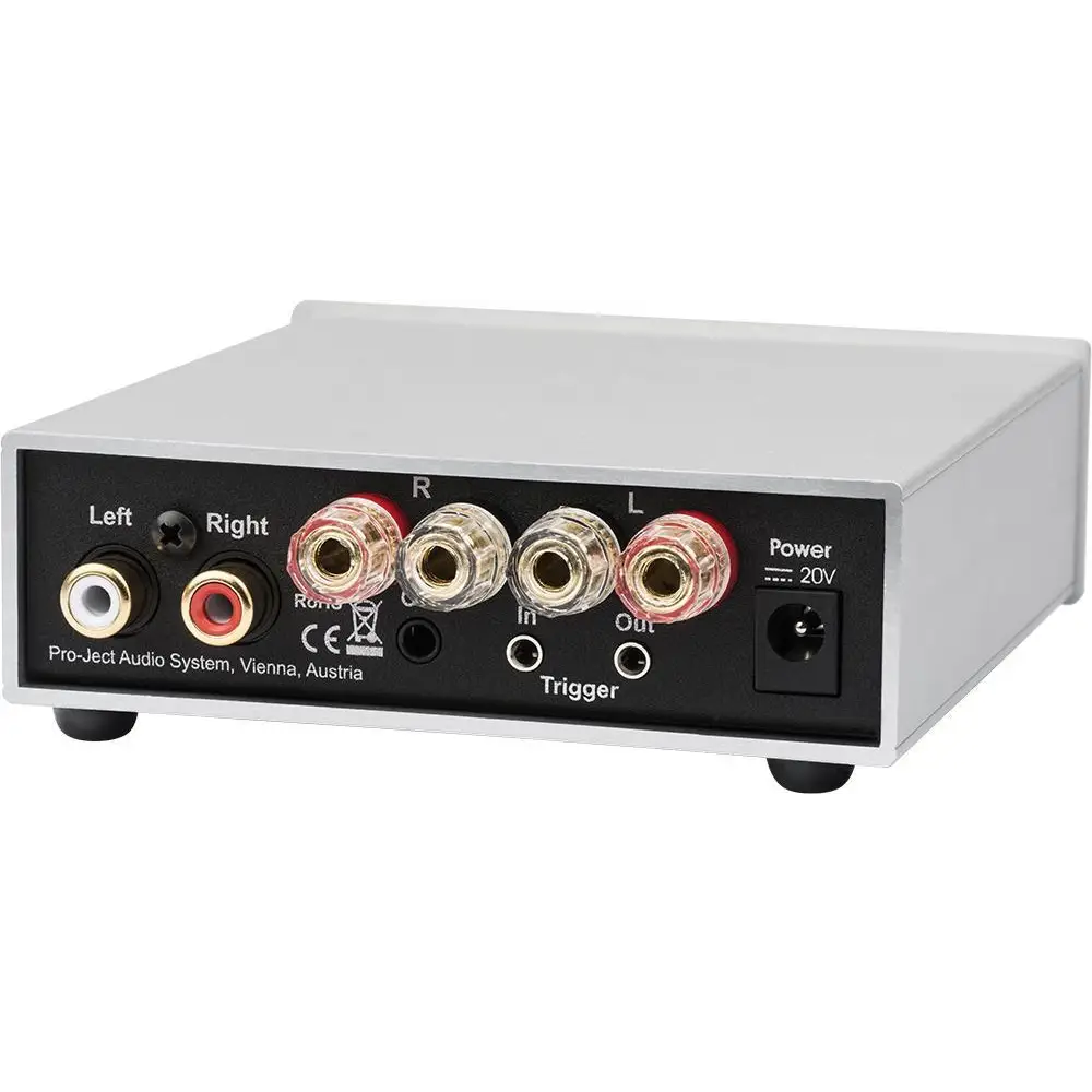 Silberner Pro-Ject Amp Box S2 für bester Klang in Hifi Stereoanlage mit mehreren Anschlüssen