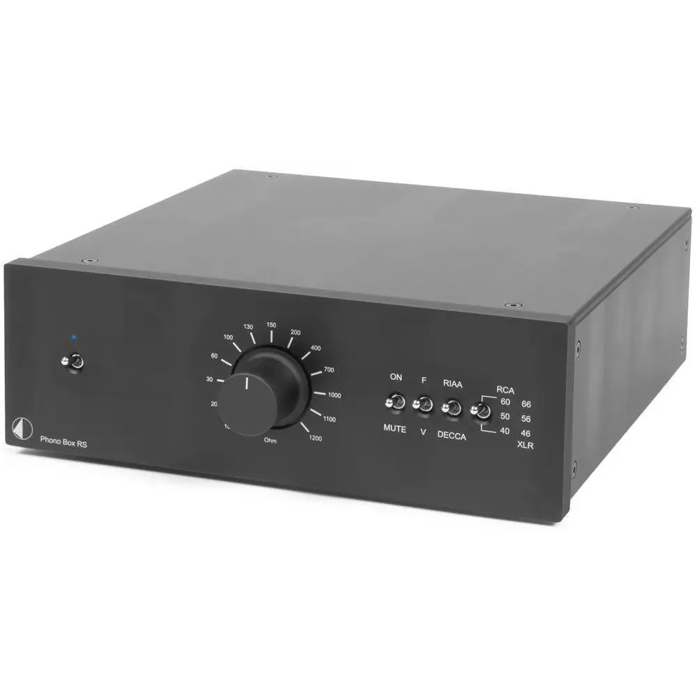Schwarzer Pro-Ject Phonobox RS mit decca entzerrung, dual mono design und rein passive RIAA