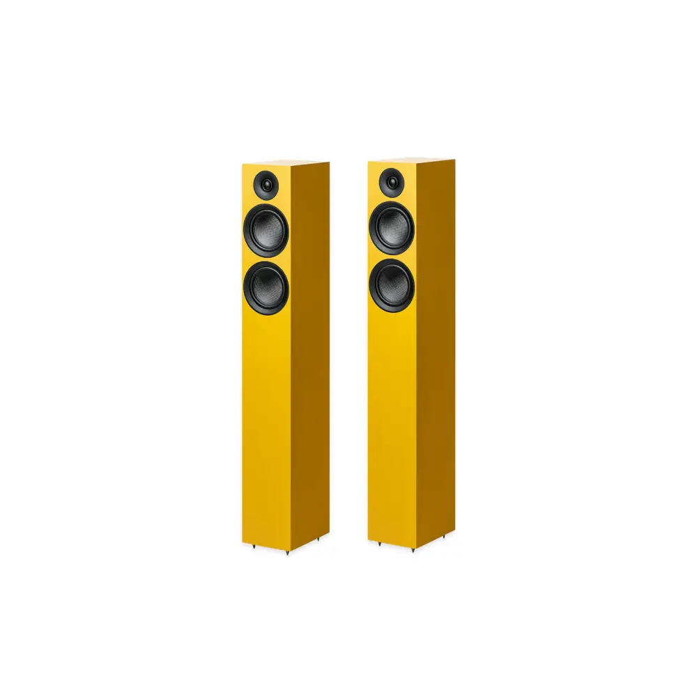 Paar vibrant gelbe pro-ject speaker box 12 e carbon standlautsprecher mit modernen black treibern fairaudios favourite award