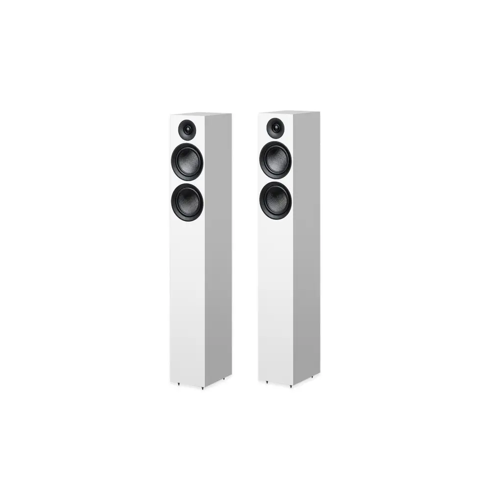 A pair of sleek tall white pro-ject speaker box 12 e carbon floor-standing speakers with three black drivers each awarded fairaudios favourite