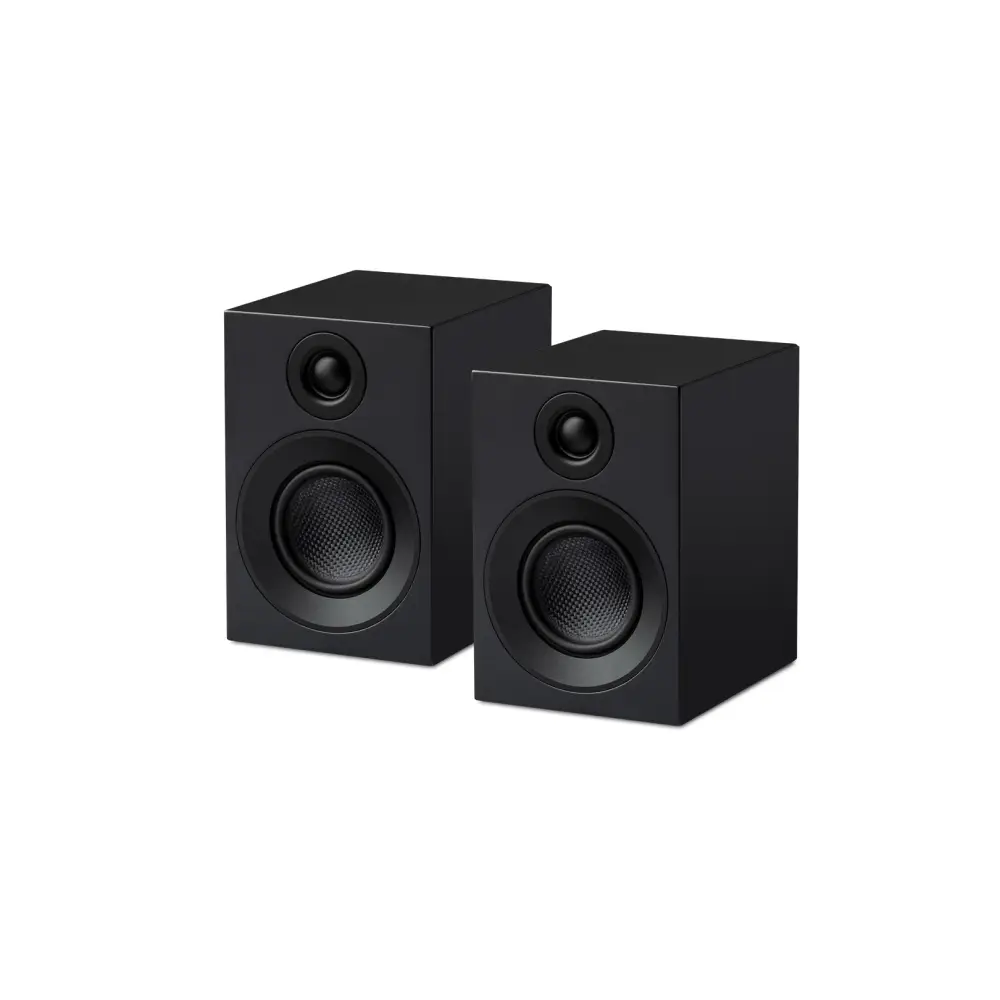 Schwarze cube speaker box mit 2-wege bassreflex und magnetische frontabdeckungen von pro-ject speaker box 3 e carbon