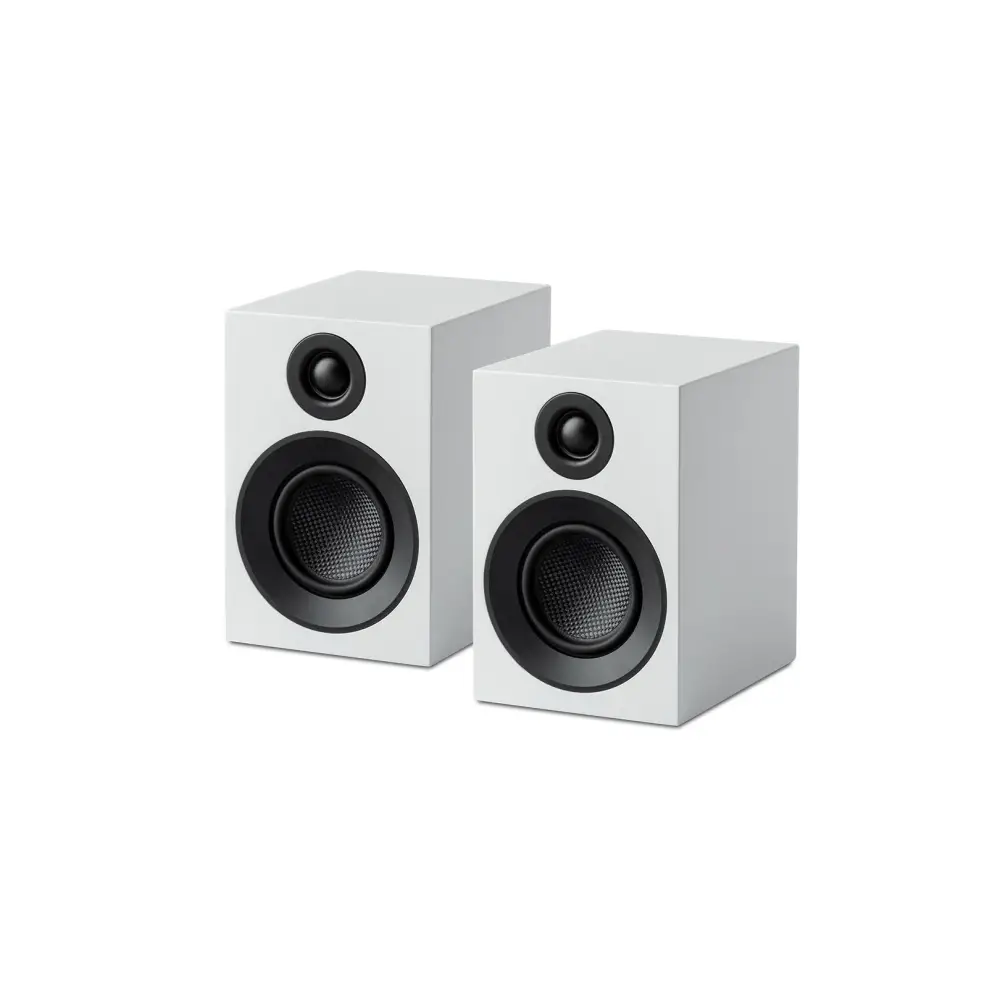 Paar Pro-Ject Speaker Box 3 E Carbon regallautsprecher in weiß mit 2-wege bassreflex und magnetische frontabdeckungen