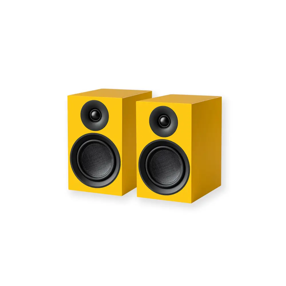 Pair kräftiggelber pro-ject speaker box 5 e carbon lautsprecher mit mesh grill für kräftiger bass und präzise bühnenabbildung