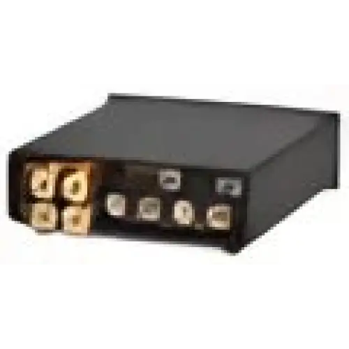 Schwarze Pro-Ject Stereo Box S mit RCA- und Eingangs-/Ausgangsports für Audio-Video